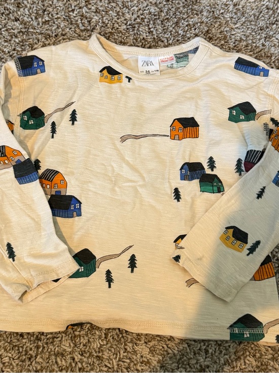 Zara Other - Zara Cream Long Sleeve Tee with Blue, Green, Orange, Yellow House Prints
